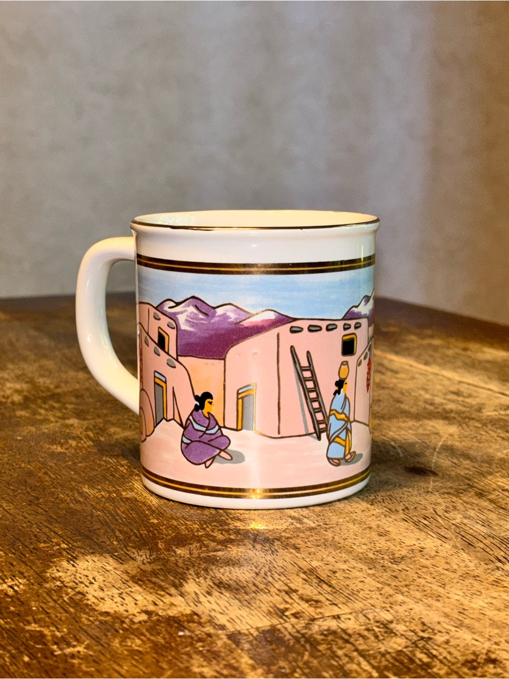 Vintage Southwestern Pueblo Adobe Coffee Mug Gold Trim Native Style Scene Japan
